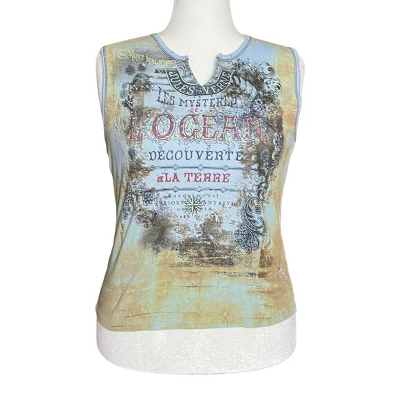 Vintage Y2K Blue Tan Rhinestone Graphic Tank 100% Cotton. Large. Western Artsy - Picture 1 of 11